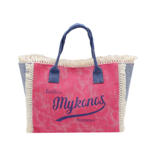 Τσάντα Παραλίας (Medium-30x25x15) με στάμπα και κρόσσια Newhome 370100 Mykonos Φούξια