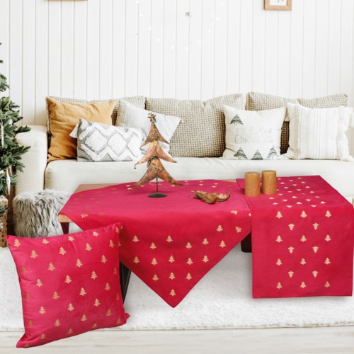 Χριστουγεννιάτικο Καρέ (85x85) Βελουτέ Κεντητό Newhome 90102 Χρυσά Ελατάκια Κόκκινο