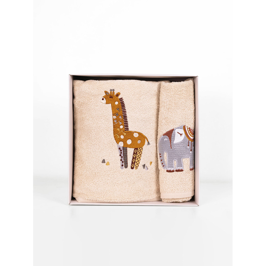 Σετ Πετσέτες 2 τεμαχίων Παιδικές (Χειρός | Λουτρού) Βαμβακερές με Κέντημα Sunshine Fluffy Beige