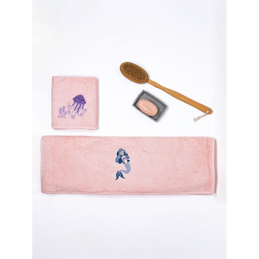 Σετ Πετσέτες 2 τεμαχίων Παιδικές (Χειρός | Λουτρού) Βαμβακερές με Κέντημα Sunshine Fluffy Pink